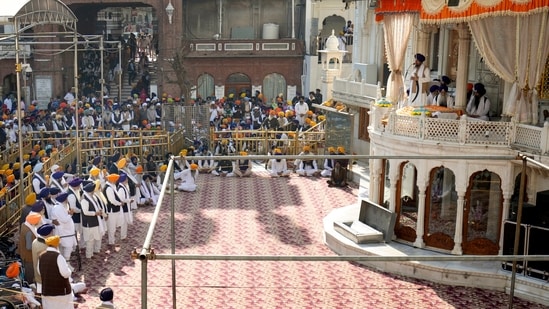 Amritsar: Sukhbir Singh Badal and other leaders of the previous SAD government during the hearing of 'tankhaiya' (guilty of religious misconduct) case by the Akal Takht, in Amritsar, Monday, Dec. 2, 2024.(PTI)