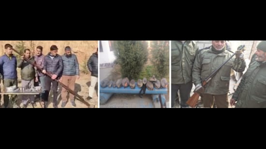 (From left) a 9.3-foot punt gun seized in April 2023 from Bandipora by the Forest Protection Force; duck decoys seized in Srinagar on Tuesday; and the shotgun recovered from Farooq A Boktoo by wildlife department officials. (DEPARTMENT OF WILDLIFE PROTECTION, KASHMIR)