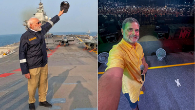 PM Modi during his visit to meet naval personnel aboard INS Vikrant (left); Rahul Gandhi during 'Chhattron ki Goonj' programme (right) PM Modi's jackets, Rahul's shirts, Mamata's sarees: How leaders use fashion for political messaging