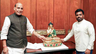 Defence minister Rajnath Singh being greeted by Sri Lankan President Anura Kumara Dissanayake, in Colombo, Sri Lanka (Picture credit: PTI) ‘Civilisational twins’: Rajnath Singh meets Sri Lankan president, steps up India’s defence ties with Colombo