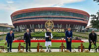 File photo: Brics leaders during a joint tree plantation initiative amid the 18th BRICS Summit, at the Bharat Mandapam, in New Delhi. ‘Fake alert’: MEA rejects claims of leaders falling sick after Brics summit in Delhi
