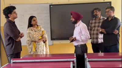 Saurav Das, co-convener of the Cockroach Janta Party, and his team during a visit to School of Eminence (SoE) in Sector 32, Ludhiana. (HT) Saurav Das, co-convener of the Cockroach Janta Party, and his team during a visit to School of Eminence (SoE) in Sector 32, Ludhiana. (HT)