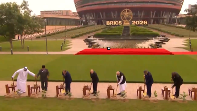 PM Modi, Brics leaders participate in tree plantation PM Modi, Brics leaders take part in joint tree plantation at Bharat Mandapam: Watch