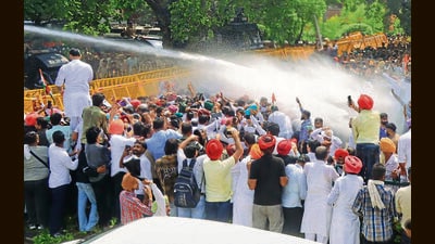 Party turns up heat on AAP govt over Sangrur ‘suicide’, presses for Cheema’s resignation; PPCC chief, Channi share stage after months. (HT PHOTO) Party turns up heat on AAP govt over Sangrur ‘suicide’, presses for Cheema’s resignation; PPCC chief, Channi share stage after months. (HT PHOTO)