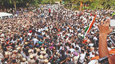 TOI’s photographer took this photo of a sit-in at Windsor Place roundabout in central Delhi from atop a bus, which was driven away by police while he and others were still on the roof Anti-CEC protests: Opposition, police face off again; Rahul Gandhi says won’t stop till Gyanesh quits