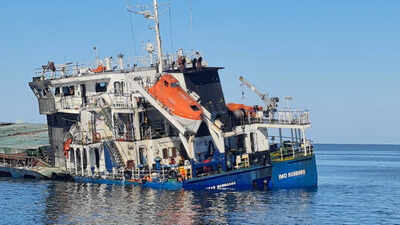 The fire-damaged "Royad Mammadov" ship in the Black Sea. 'Grave concern': MEA condemns attack on MV Royad Mammadov that killed 2 foreign seafarers, injured Indian nationals