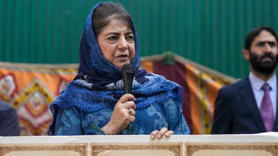 Peoples Democratic Party (PDP) President Mehbooba Mufti addresses the gathering during Accession Day, at party office, in Srinagar. On Accession Day, Mehbooba blasts Sheikh Abdullah, says his pro-Pak politics turned Kashmiris suspects